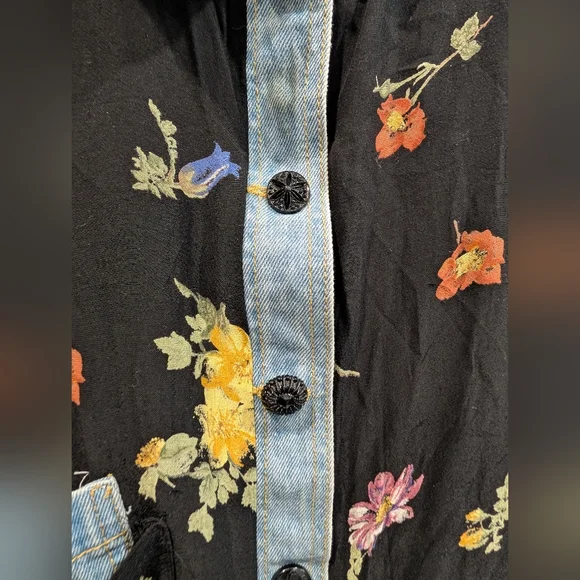 Vintage 90s Floral Rayon Blouse Denim Trim M - Picture 4 of 9